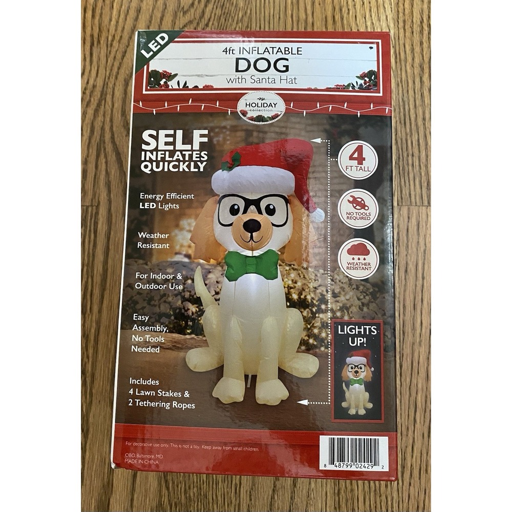 4-Foot Inflatable Dog With Santa Hat LED Light Up Outdoor/Indoor Decoration NEW